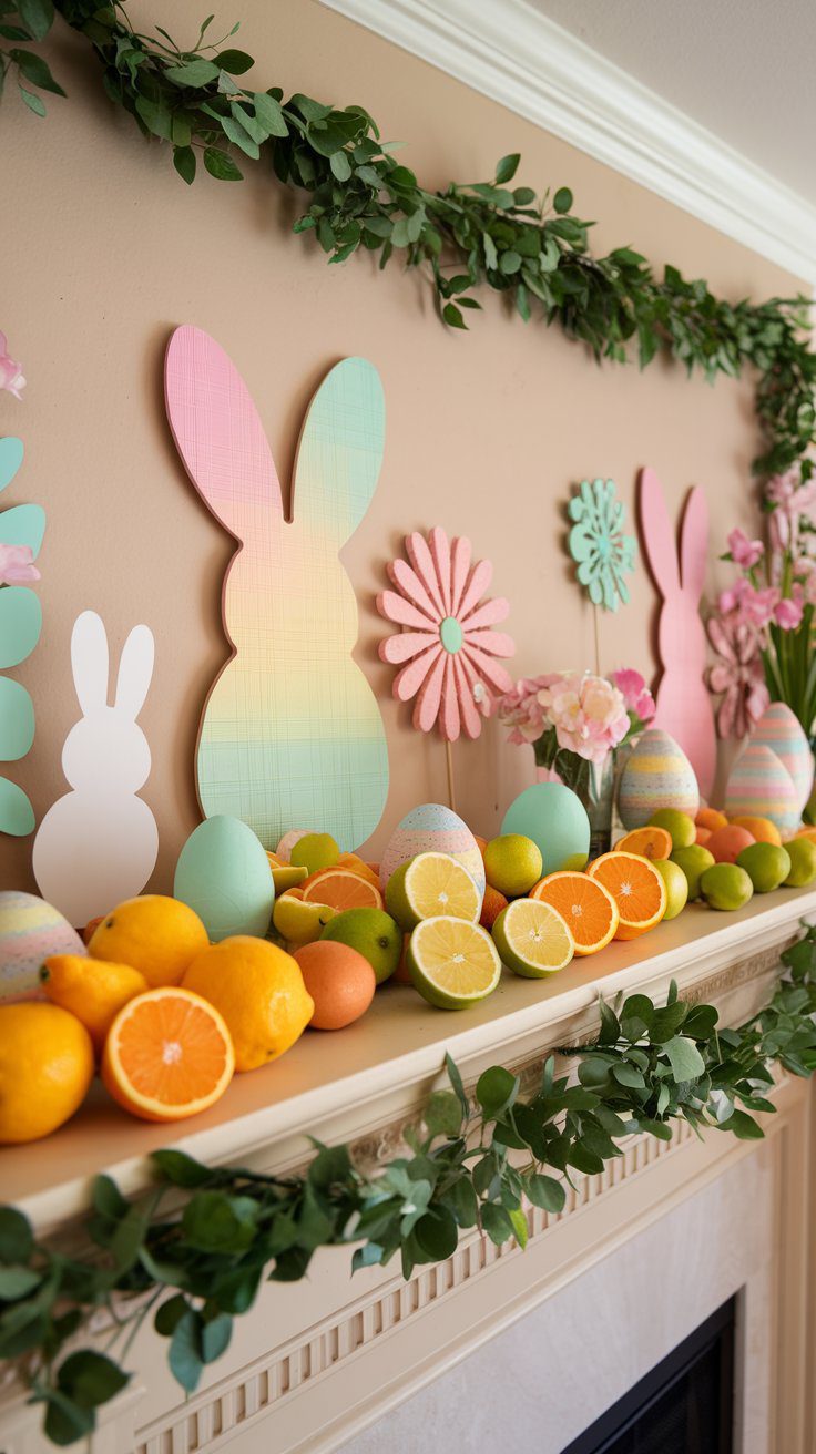 Bright spring mantle with citrus fruits, pastel bunnies, and greenery garlands.