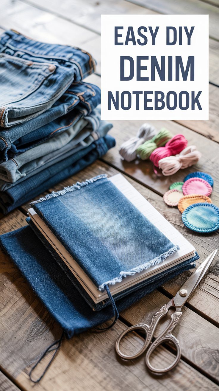 A stack of handmade journals wrapped in blue denim from old jeans, decorated with embroidery and patches