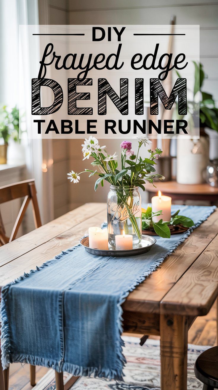 A handmade frayed edge denim table runner on a rustic wood dining table, styled with candles and fresh flowers