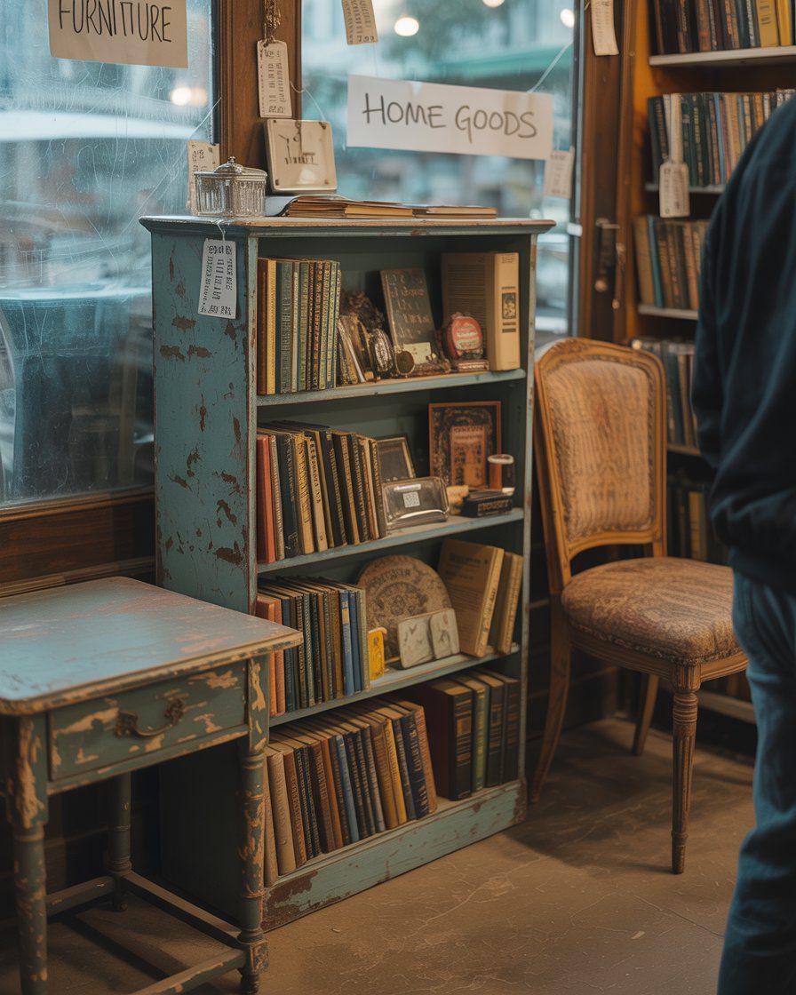 An antique shop with vintage furniture and home decor perfect for thrift flipping.