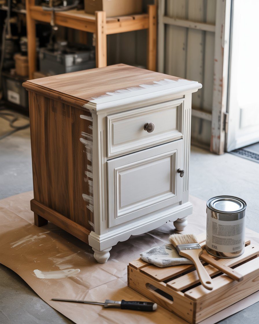 A half-painted wooden nightstand being refinished as part of a thrift flip project.