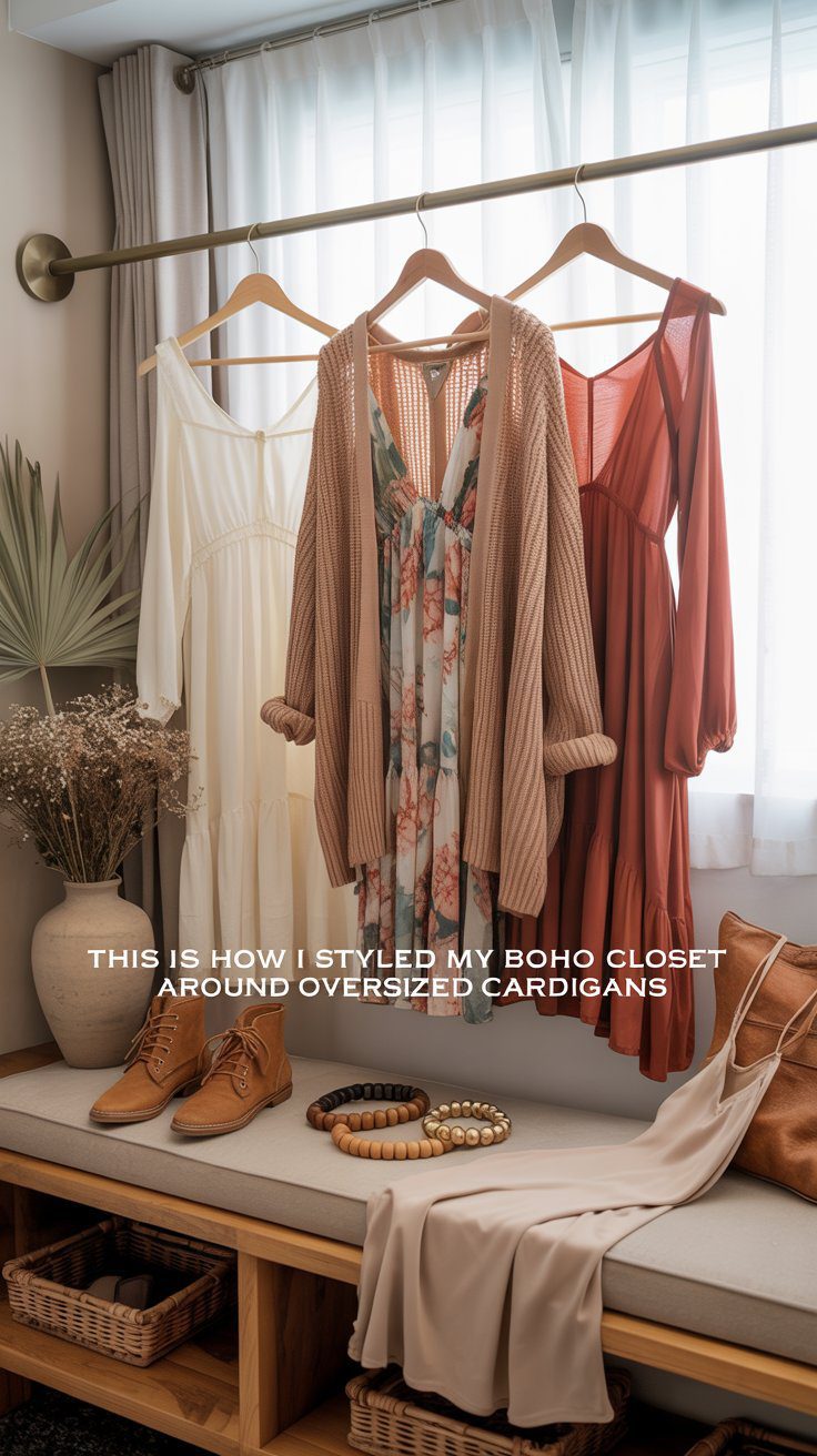Oversized chunky knit cardigans in camel, ivory, and burnt rust tones draped over a chair in a cozy boho bedroom.
