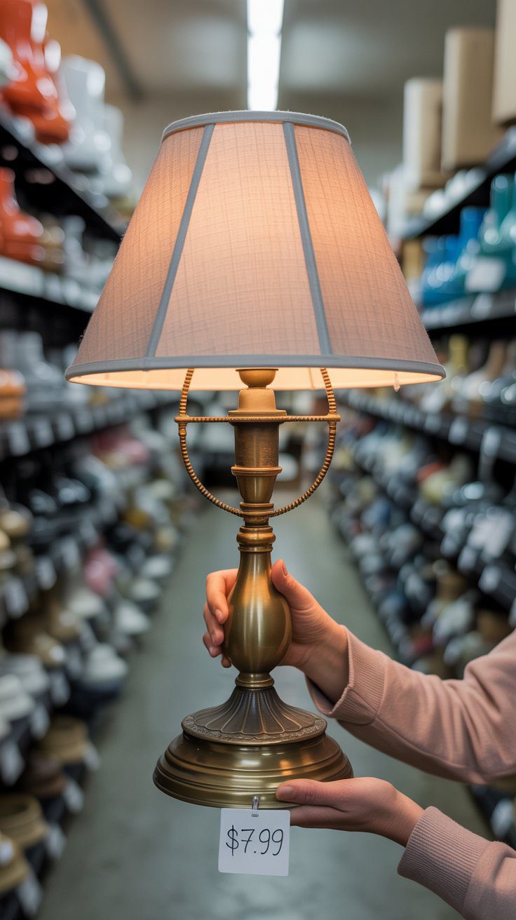 While browsing shoes at a thrift store, a shopper spots a $7.99 lamp with a beige shade — ideal for budget home upgrades.