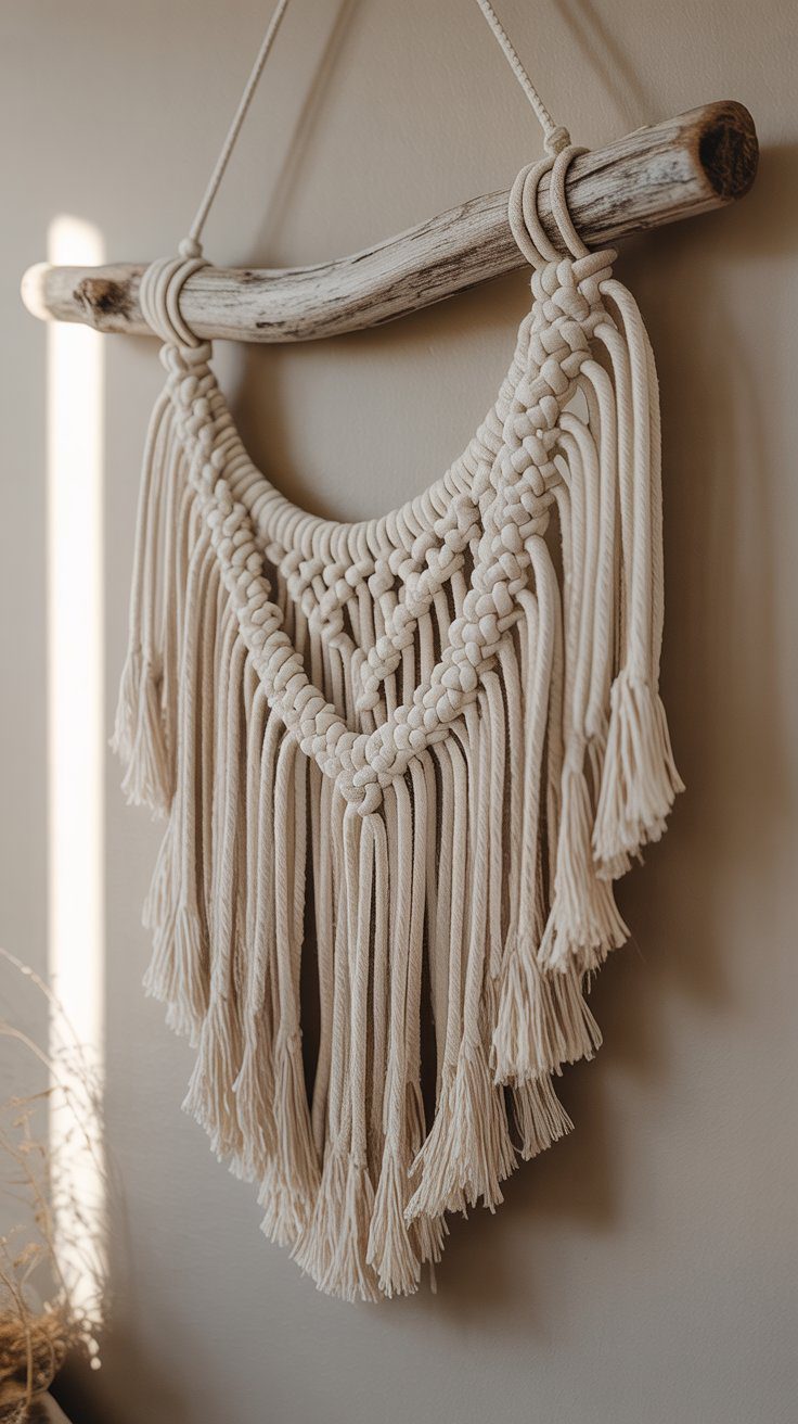 Boho Macramé Wall Hanging DIY Ideas – Cream Handmade Decor with Knots & Fringe on Branch for Cozy Neutral Living Room Walls.