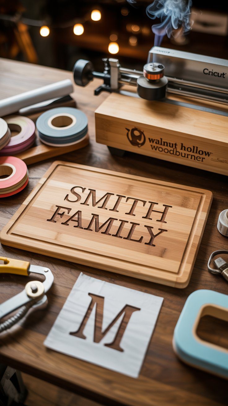 Personalized DIY wood sign project with crafting tools, a stencil, and a Walnut Hollow woodburner.