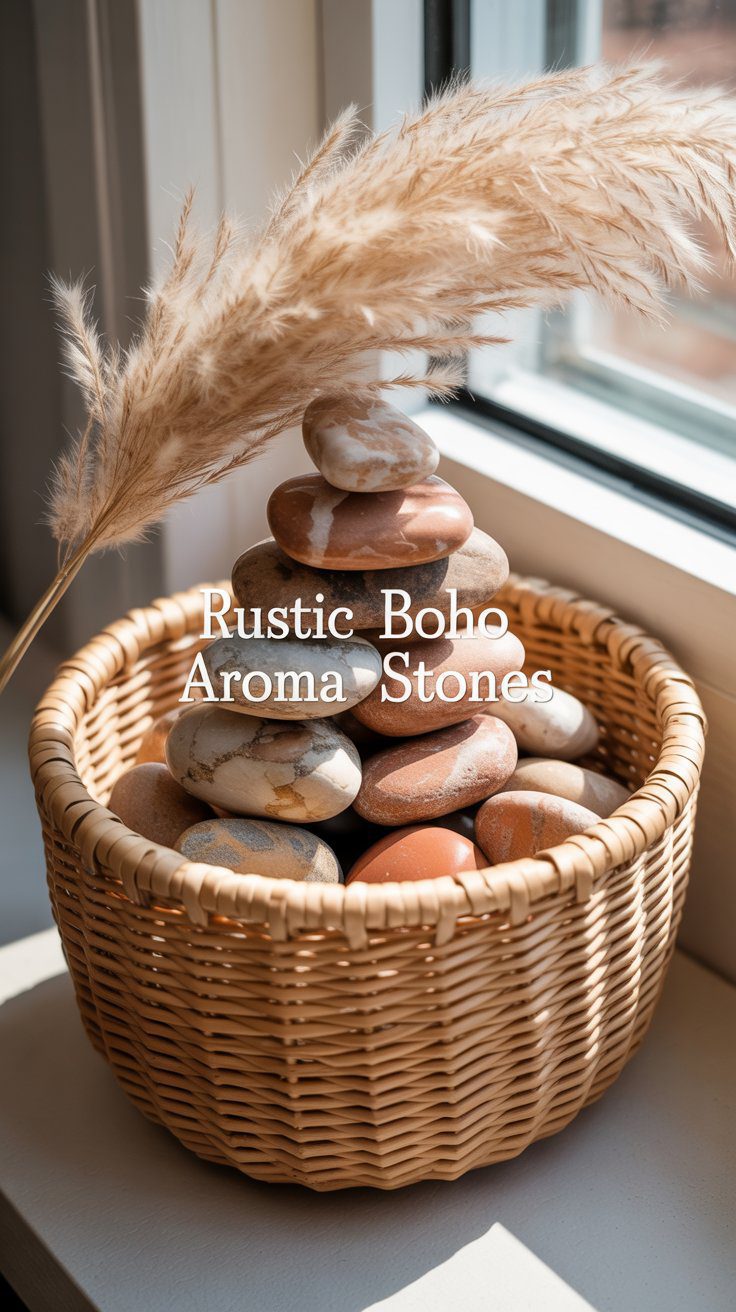 Rustic Boho Aroma Stones in Wicker Basket – Natural Home Decor with Pampas Grass for Modern Bohemian Interior Styling Ideas.