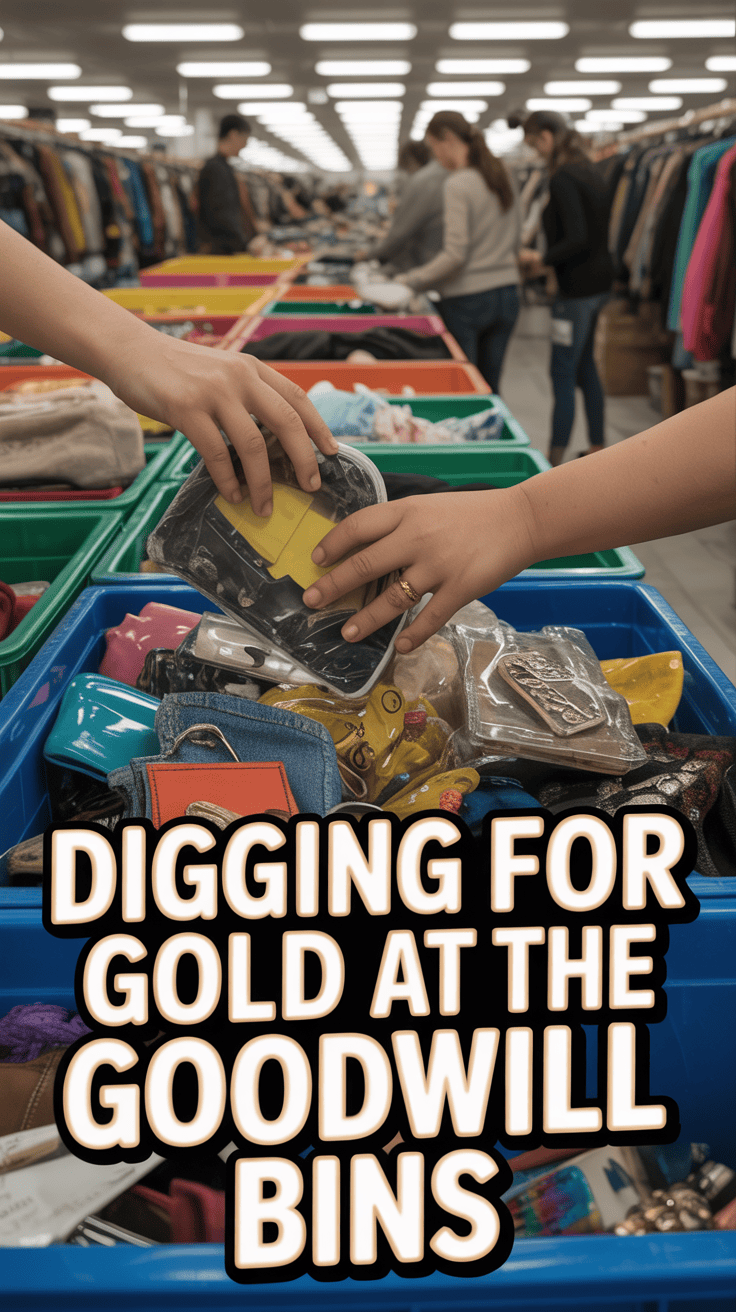 People hunt for treasures in blue bins at Goodwill as others scan racks. Image text: Digging for Gold at the Goodwill Bins.