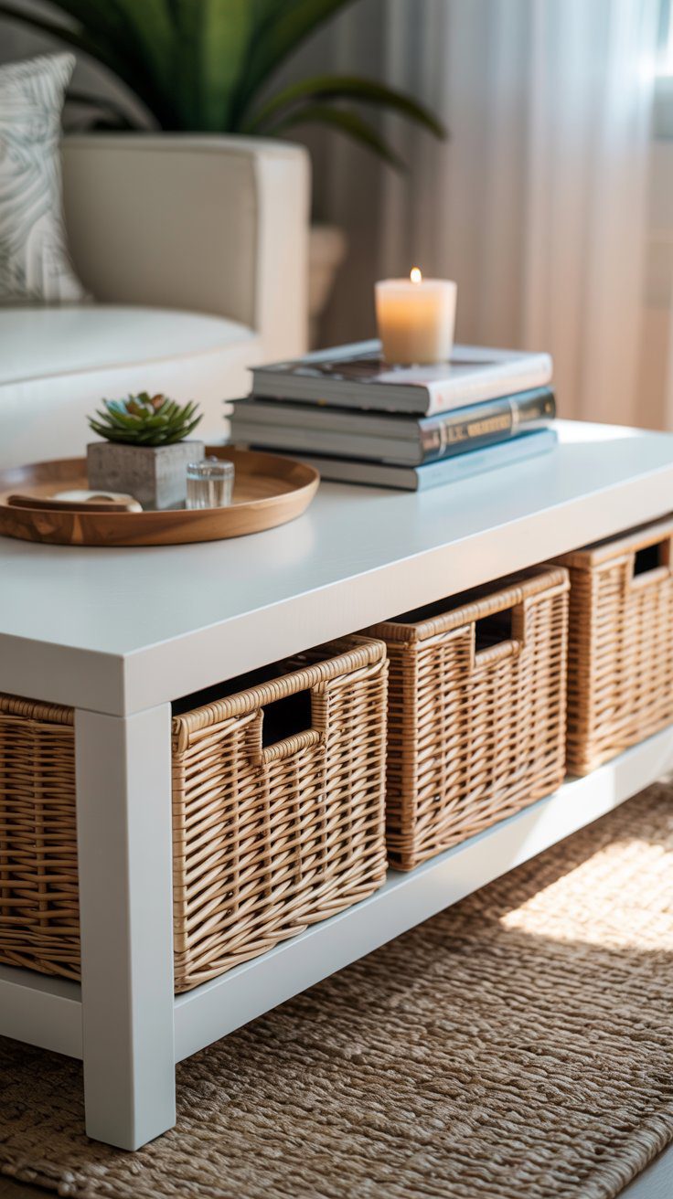 A cozy living room where a white coffee table with wicker baskets displays books and a candle