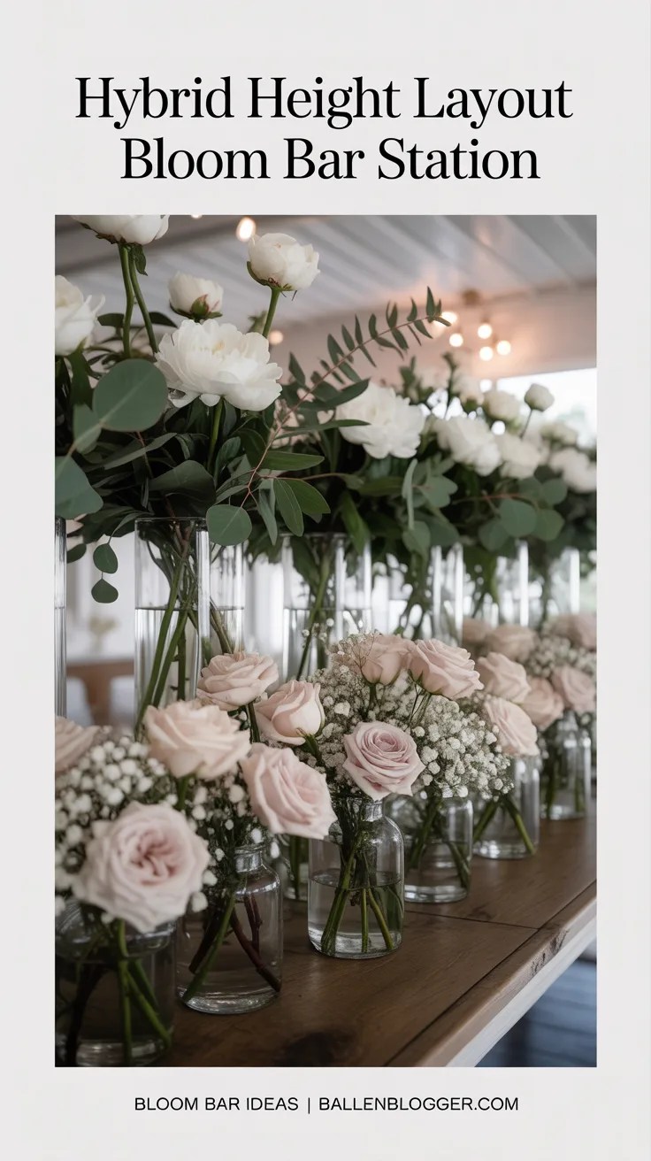 We've talked about the drama of tiered stands, but for larger crowds or more relaxed bloom bar settings, accessibility is just as important. Idea number six, the Hybrid Height Layout, is a brilliant solution that combines visual appeal with a practical, easy flow for your guests.