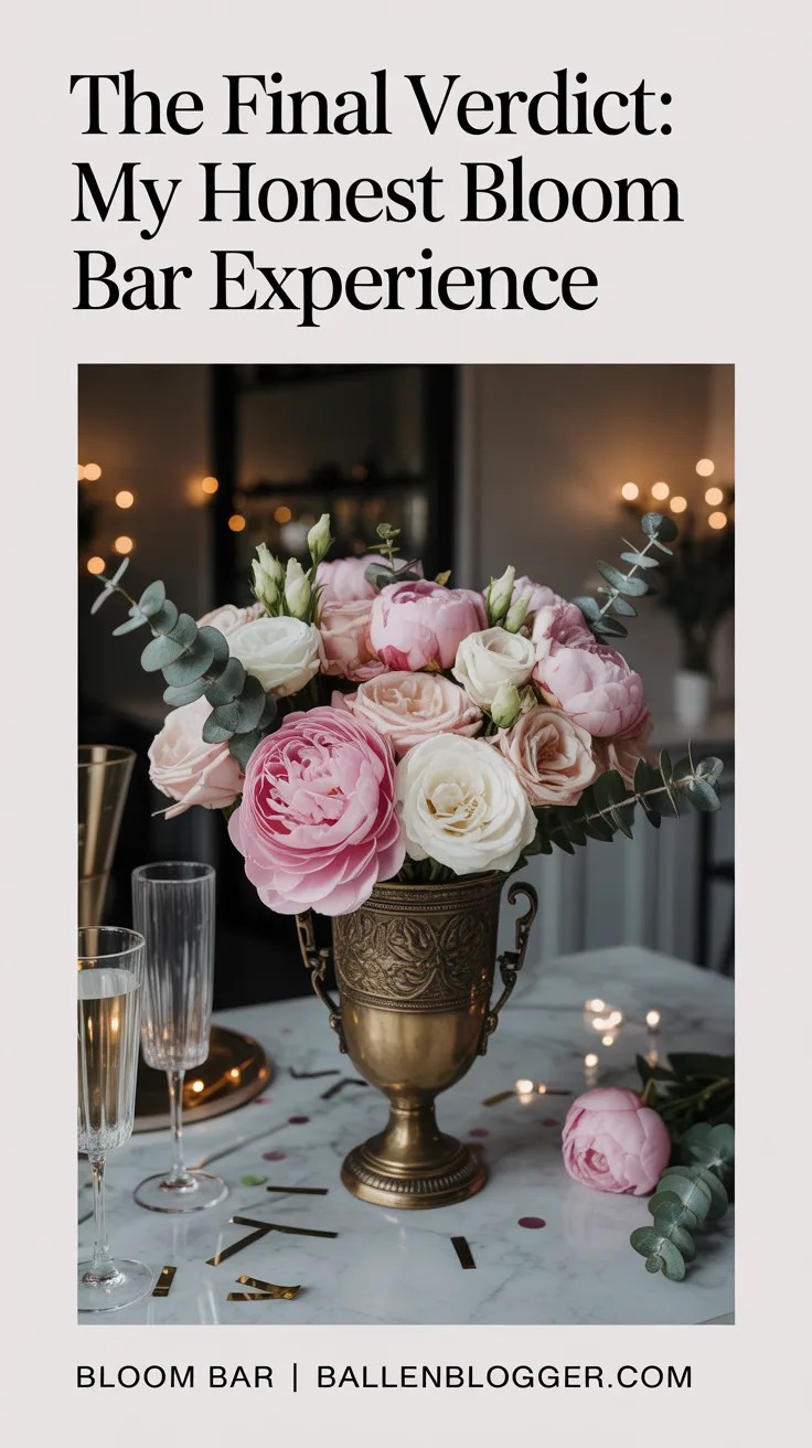 An elegant brass vase filled with pink peonies, roses, and eucalyptus on a marble table with champagne glasses, text overlay reads The Final Verdict: My Honest Bloom Bar Experience