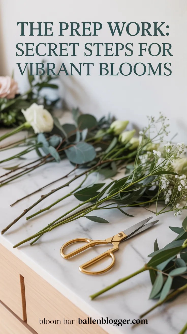 Fresh flowers, eucalyptus, and gold-handled scissors laid out on a marble counter with a sign reading The Prep Work: Secret Steps for Vibrant Blooms