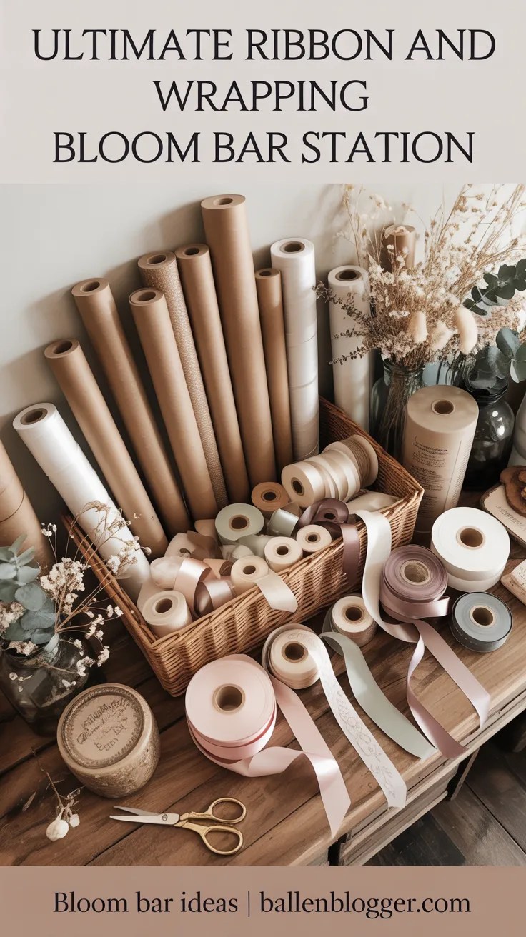 A beautiful bouquet deserves a beautiful finish. That’s why our third idea for your Bloom Bar is all about creating an Ultimate Ribbon and Wrapping Station.