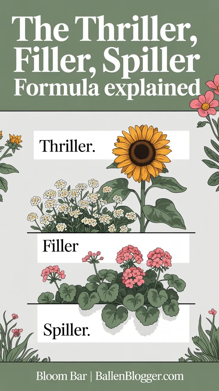 A graphic explaining the Thriller, Filler, Spiller flower formula with a sunflower, small filler flowers, and trailing greenery