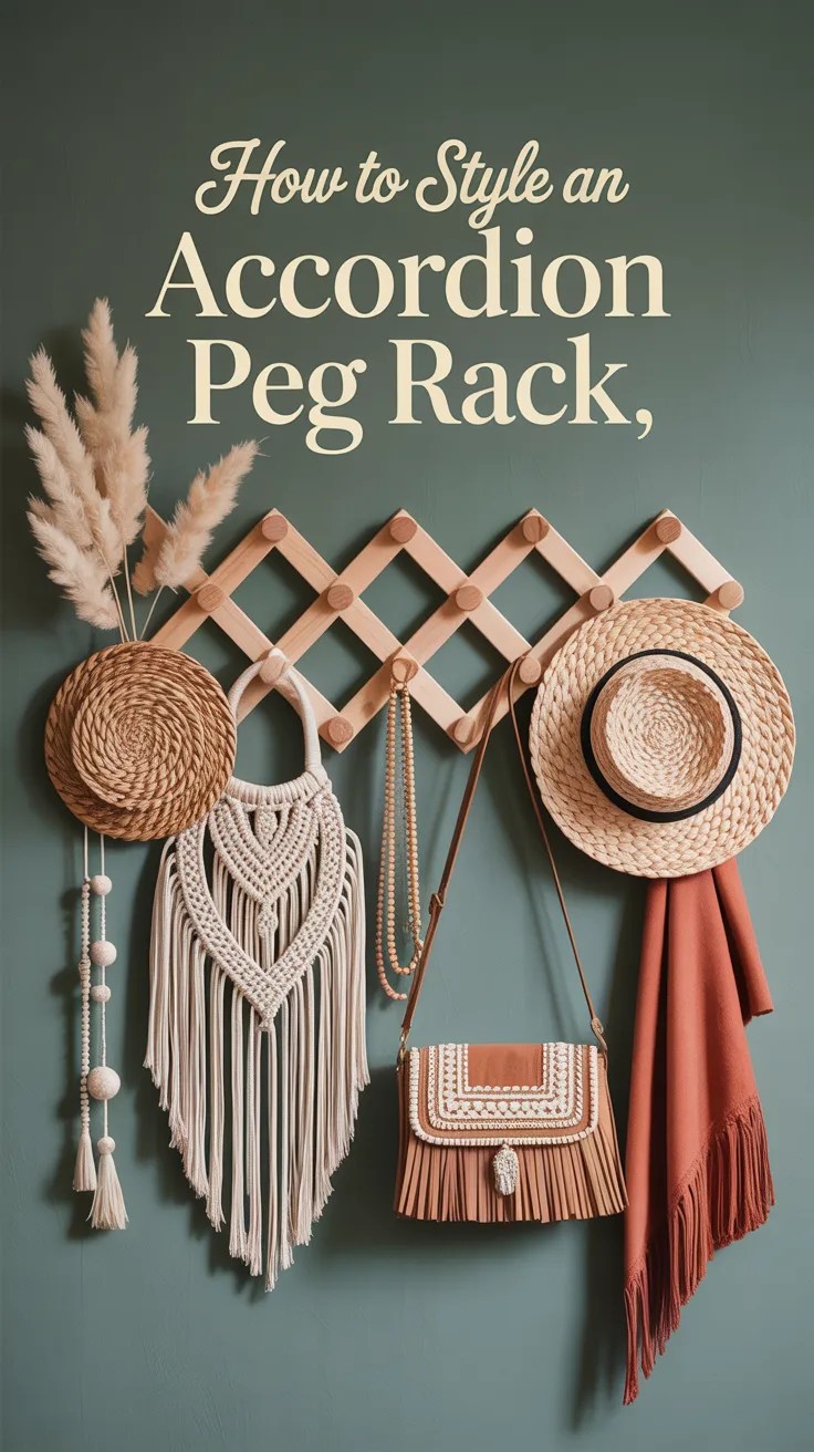 Accordion peg rack styled as a boho accessory display with a woven sun hat, macrame bag, and rust-colored scarf against a sage green wall.