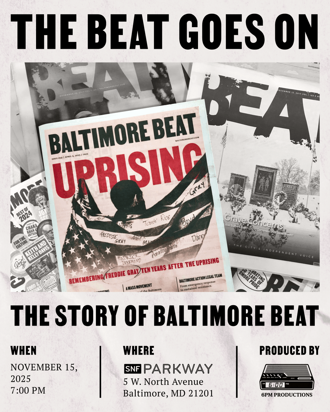 A movie poster for the documentary: "The Beat Goes On: The Story of Baltimore Beat." It shows a variety of past covers of the newspaper.