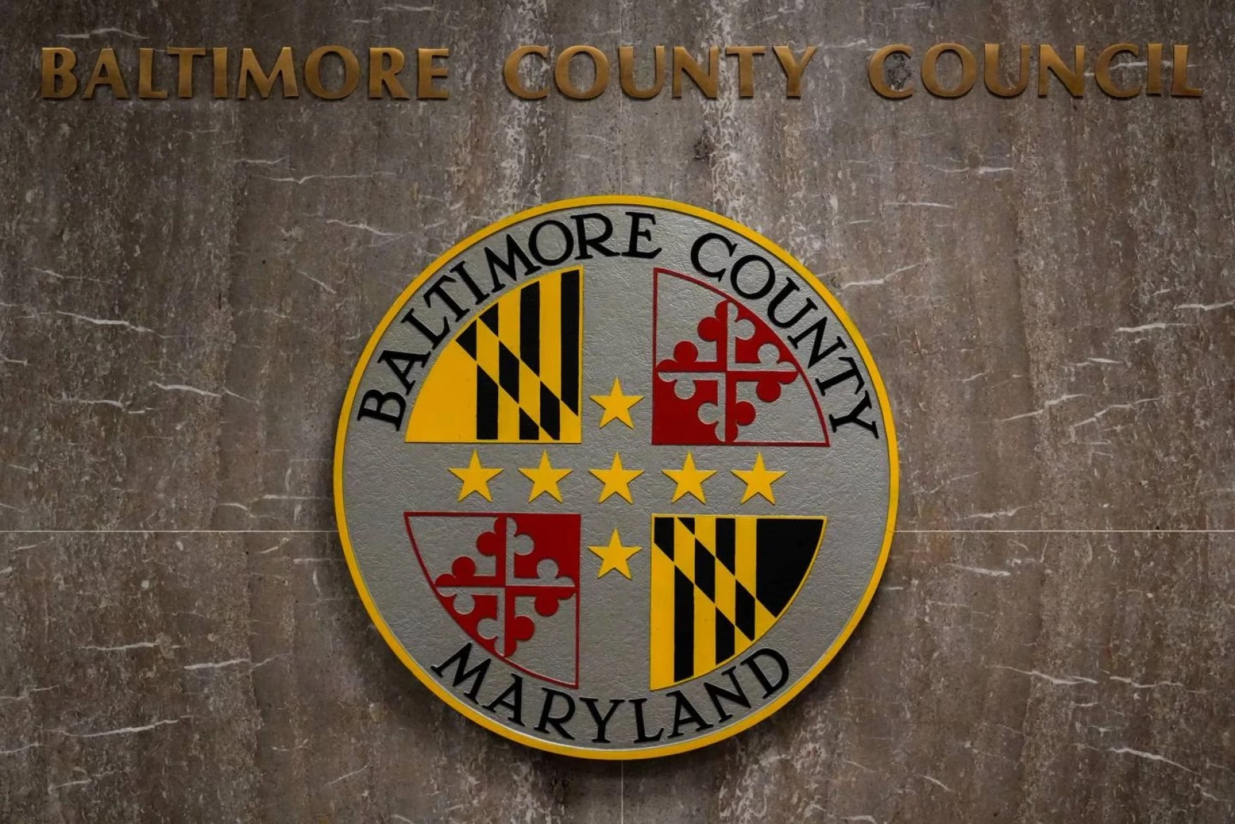 The seal of Baltimore County is seen in this photo from June 16, 2022. Photo by Ulysses Muñoz/The Baltimore Banner.