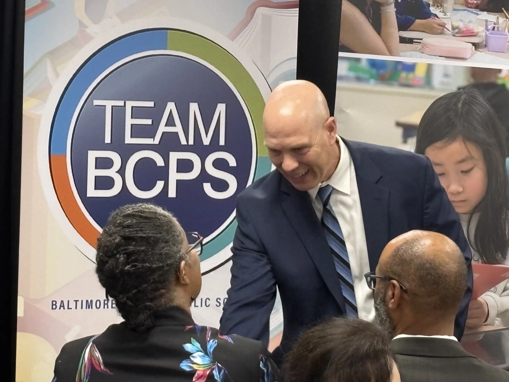 Baltimore County School Superintendent William Heiser greets members of the audience at his first news conference, July 6, 2026. Photo credit: John Lee/WYPR.