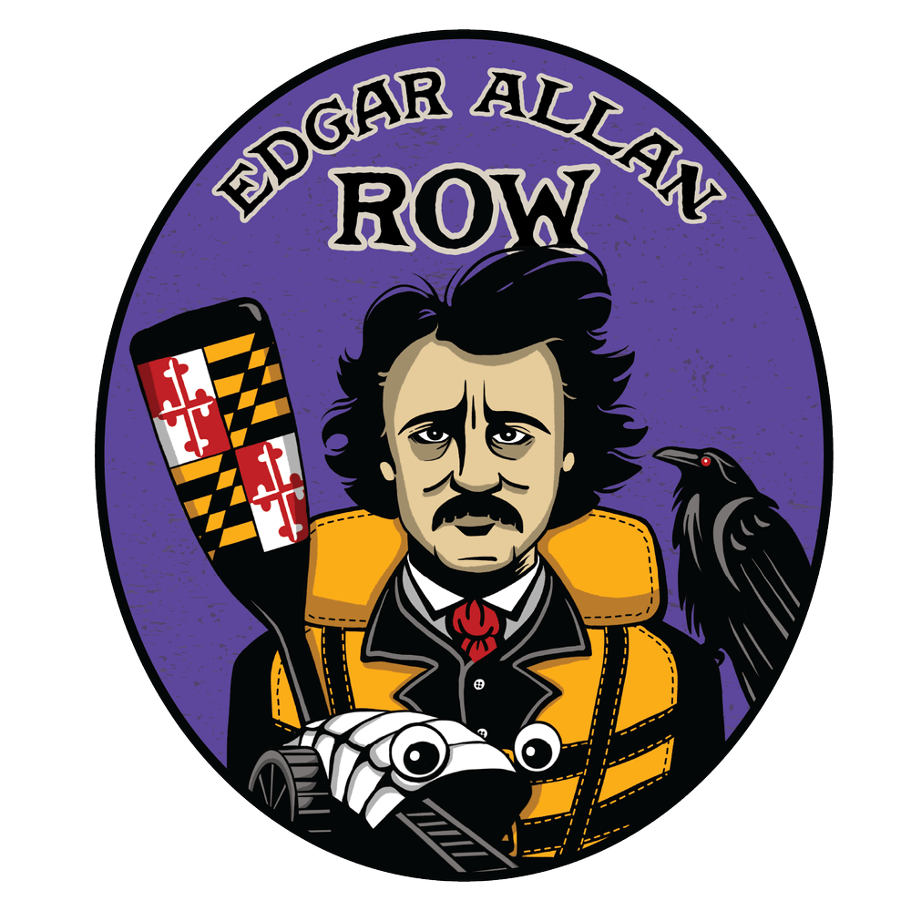 drawing of Edgar Allan Poe in life vest holding a paddle with Maryland flag-themed colors
