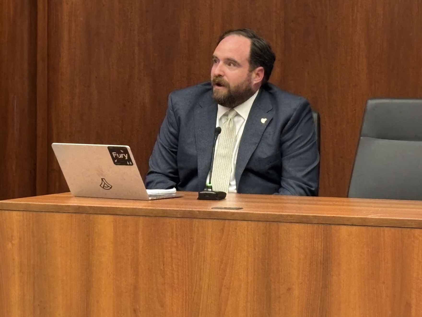 David Frash, Anduril’s Director of State and Local Government Relations, addresses the Baltimore County Council. Photo credit: John Lee/WYPR.