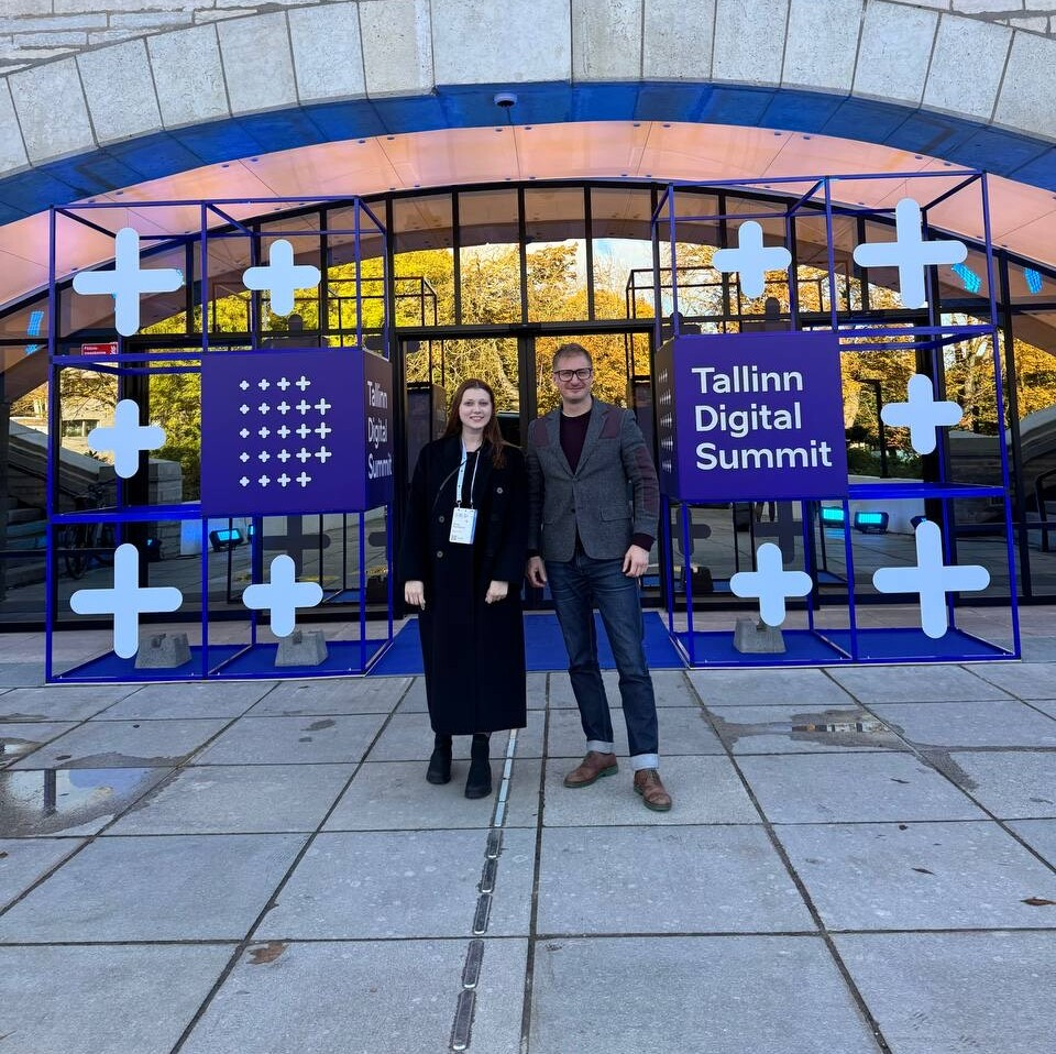 Head of Marketing Rada Ryzhykava and Bamboo Group CEO Vladislav Herchykau at the entrance to the National Library of Estonia
