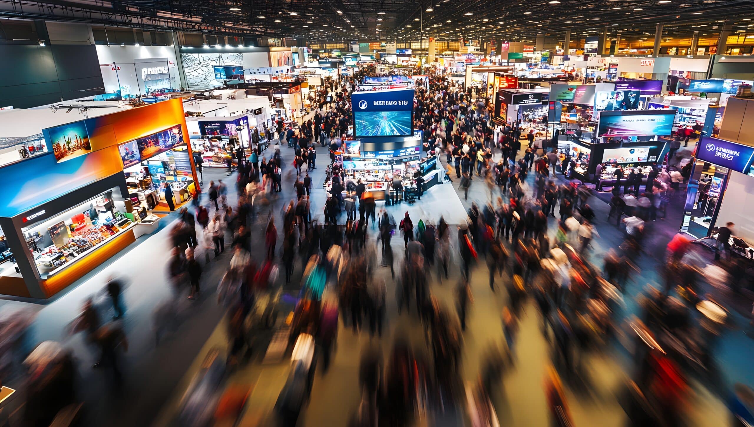 A busy trade show floor filled with exhibitor booths, branded displays, and large crowds of attendees walking through an indoor convention hall.