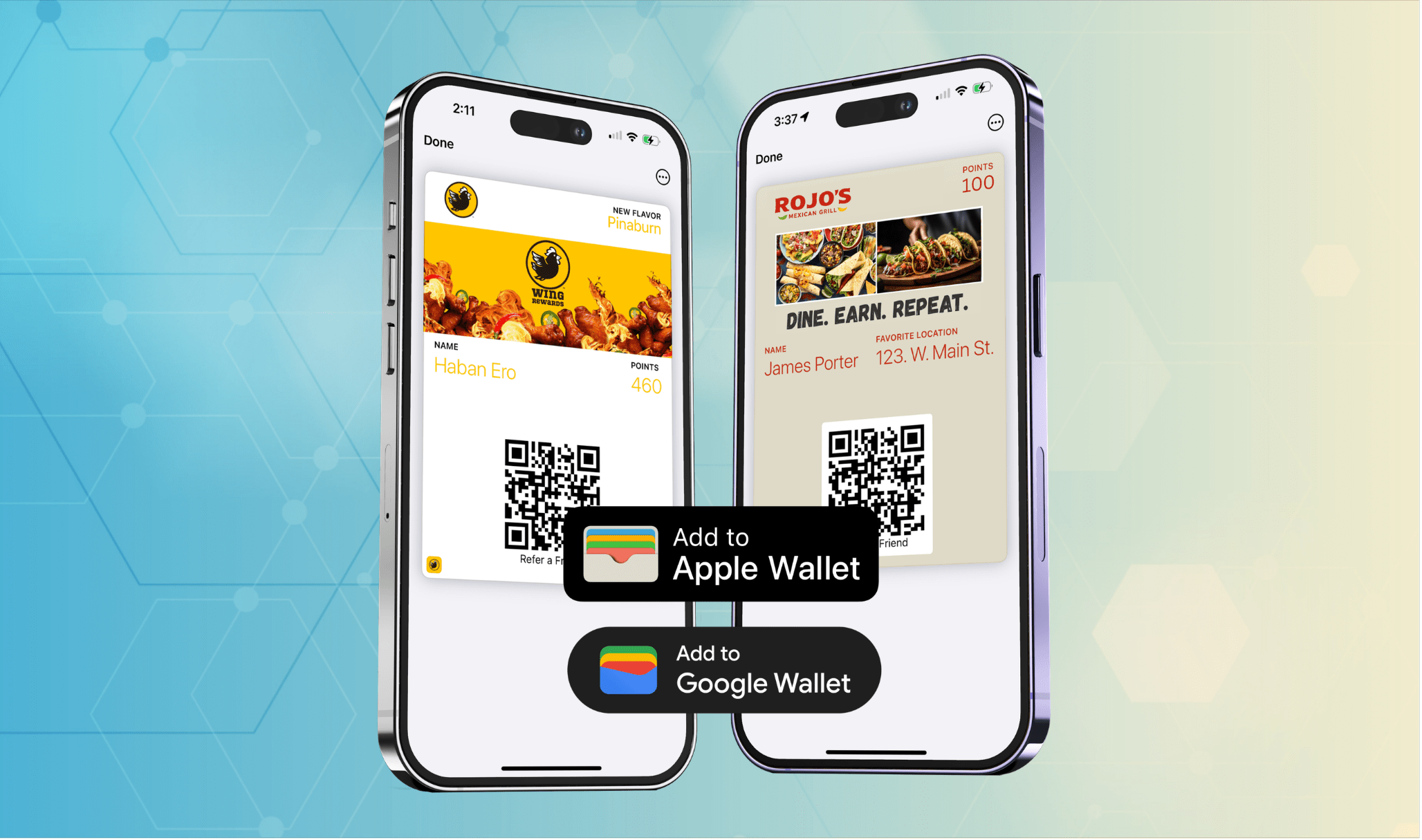 Mobile wallet loyalty passes shown on Apple Wallet and Google Wallet with Add to Wallet buttons, demonstrating digital wallet engagement without requiring an app download.