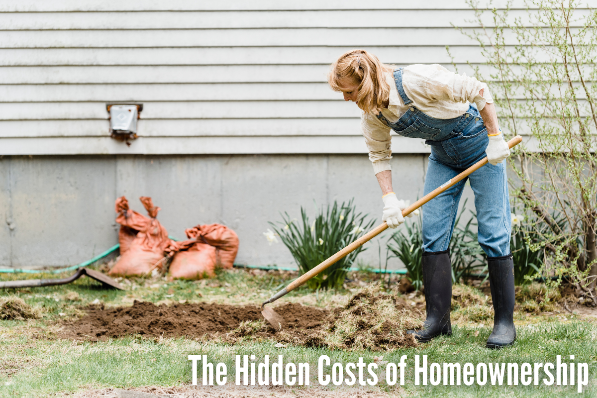 Homeowner preparing a garden bed beside her house, illustrating the ongoing care and maintenance that come with homeownership.