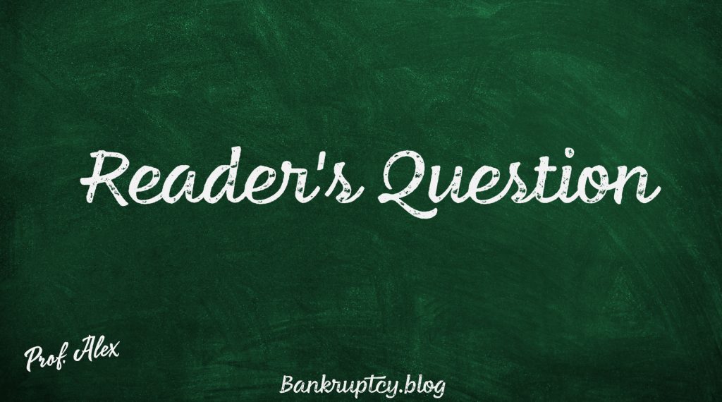 The title 'Reader's Question' on a green chalkboard background, framed in yellow. The image relates to topics like automatic stay, Chapter 7 bankruptcy, and car accident lawsuits, medical debt and medical bills. The image includes a small stack of red, blue, and white books in the bottom right corner.
