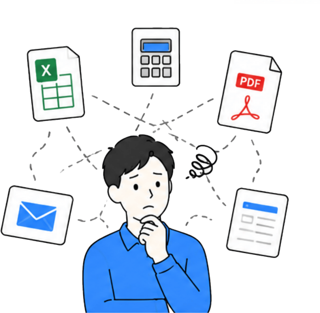 Excel・会計・PDF・メールに情報が分散し転記と確認に追われているビジネスマンの悩み