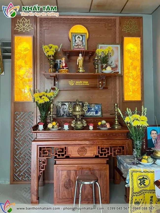 Mẫu Bàn Thờ Phật Kết Hợp Gia Tiên Mẫu Chữ Thọ Tôn Nghiêm