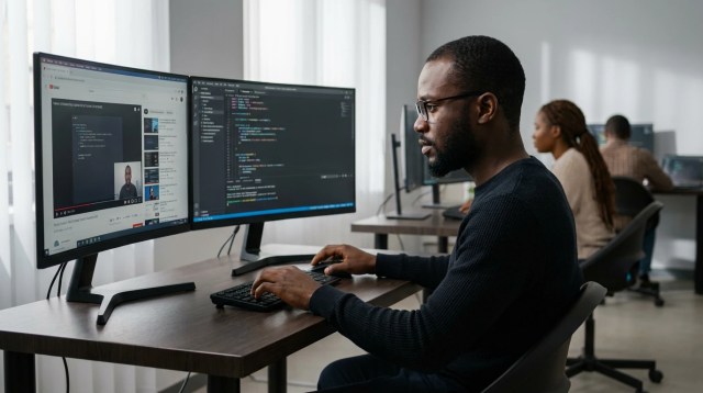 Un jeune Africain utilisant le tutoriel comme référence tout en continuant à développer