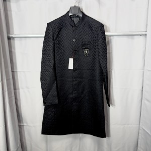 Men's Onyx Black Textured Jacquard Sherwani | Designer Wedding Groom Achkan Bandhgala Suit with Brooch