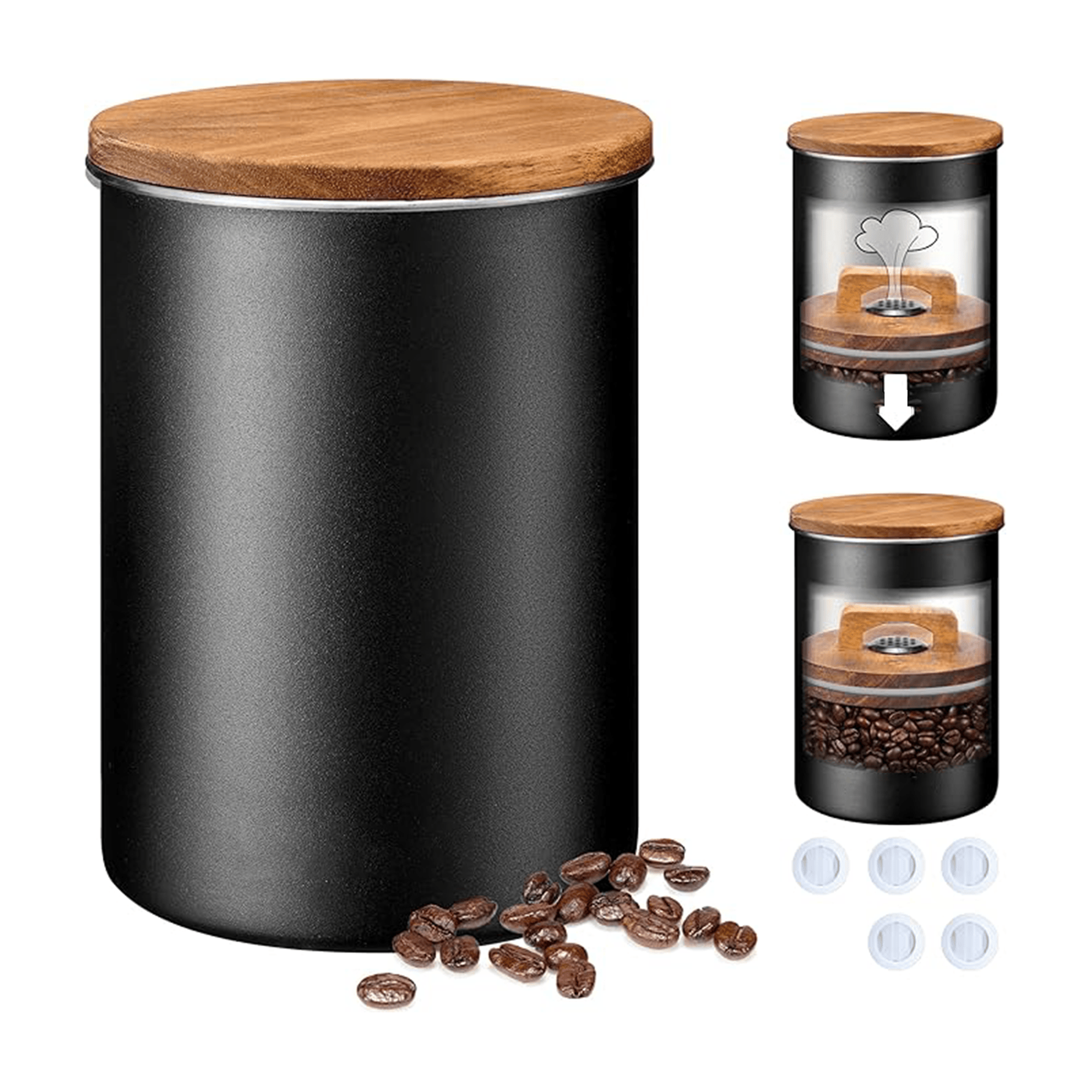 Black Coffee Beans Container with Wooden Lid