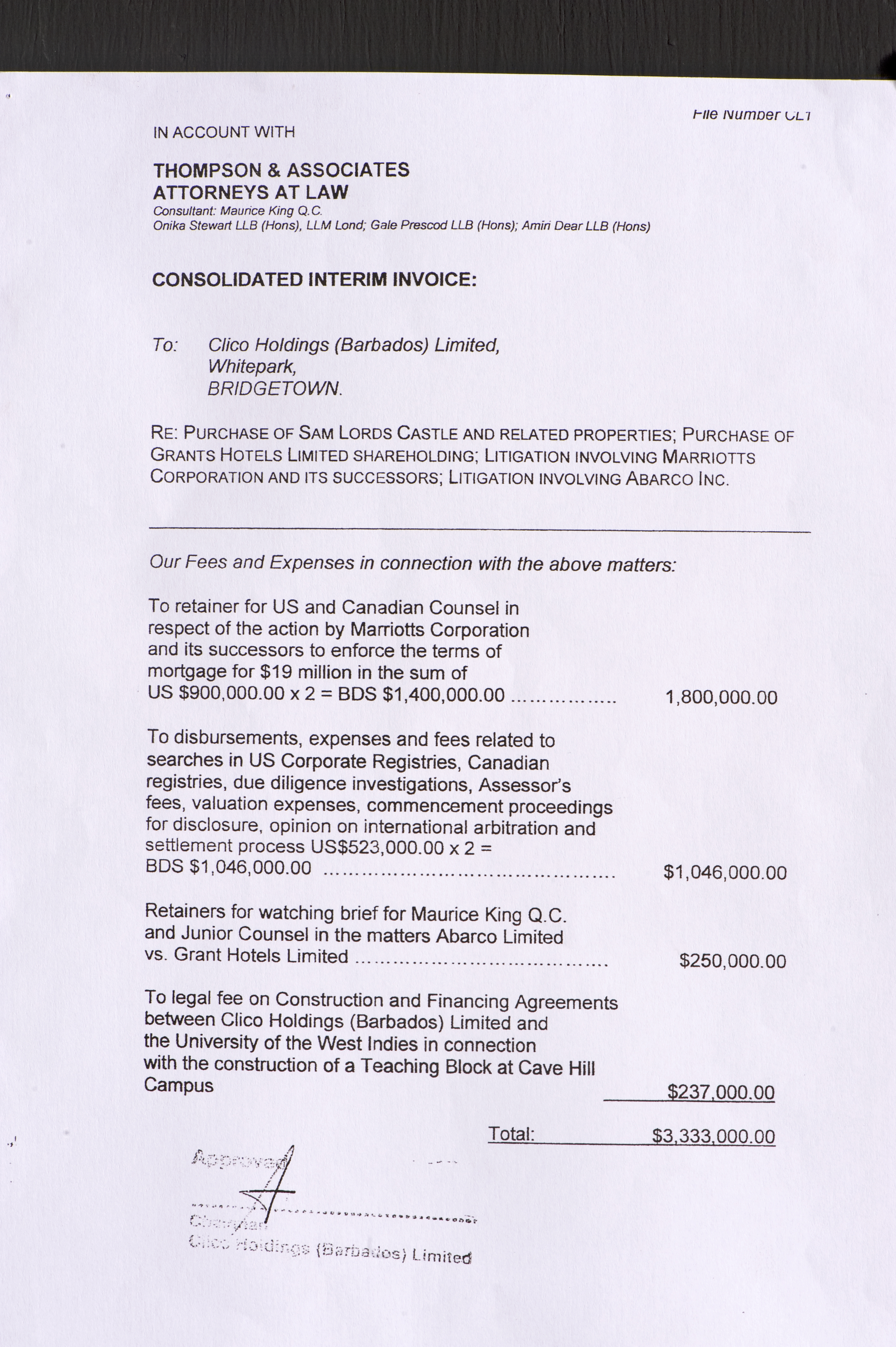 3.3 million dollar Thompson and Associates invoice