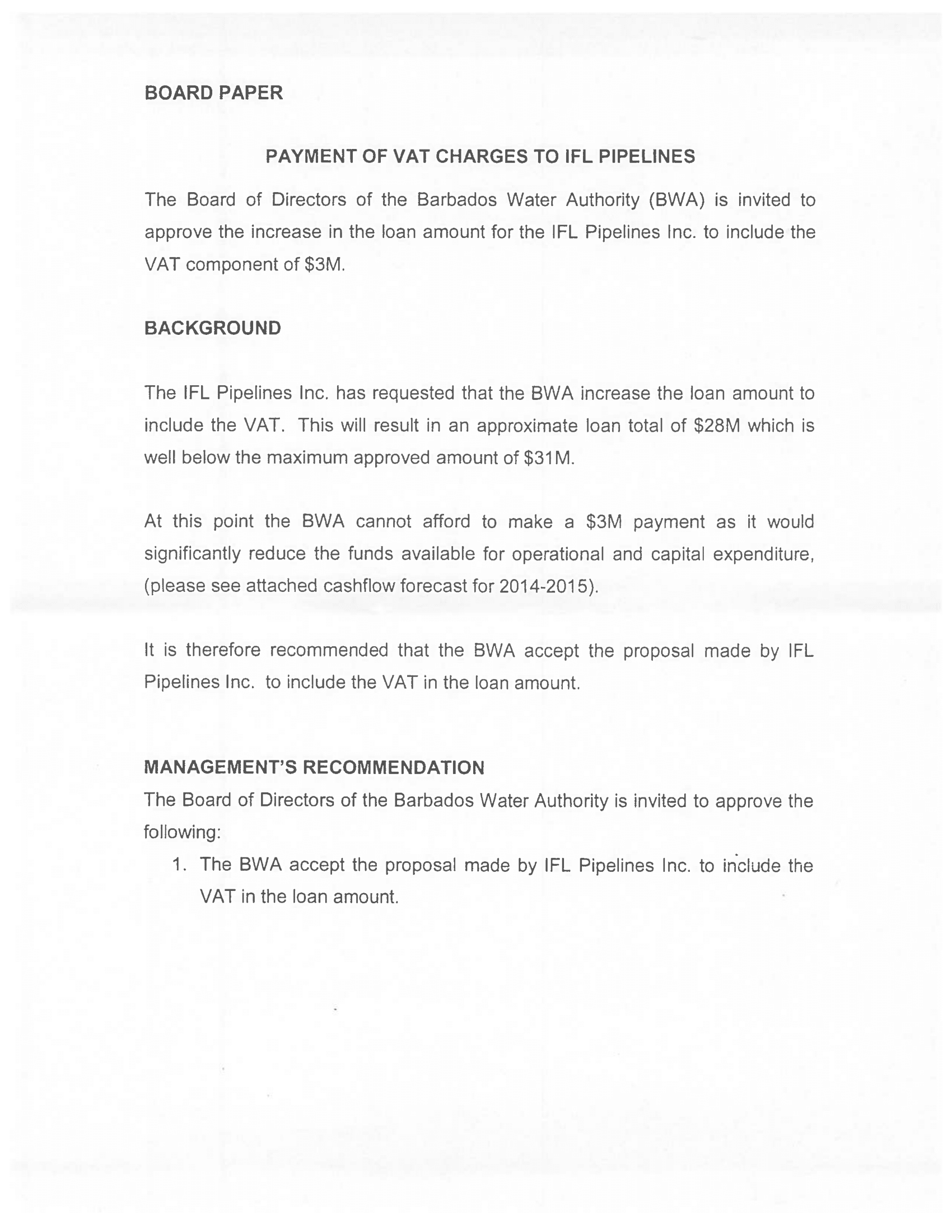 Extract from BWA Board Paper