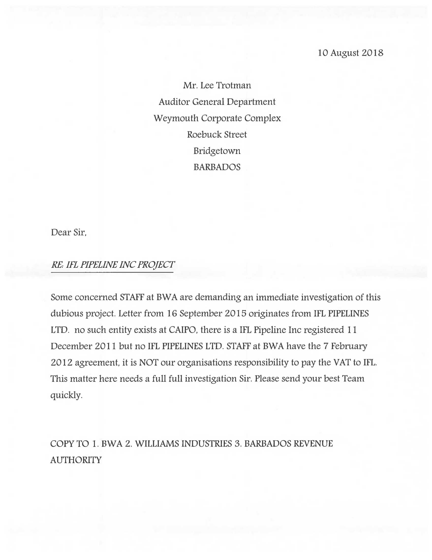 Part letter sent by concerned BWA staff to the Auditor General dated 10 August 2018