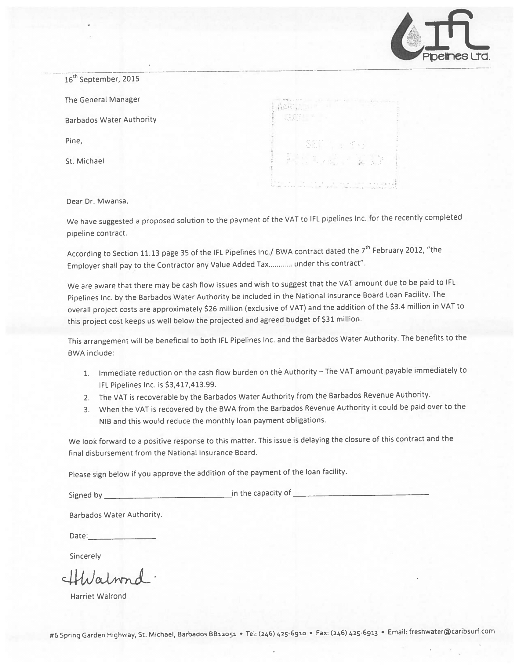 Ionics letter of 16 September 2015 sent to the BWA