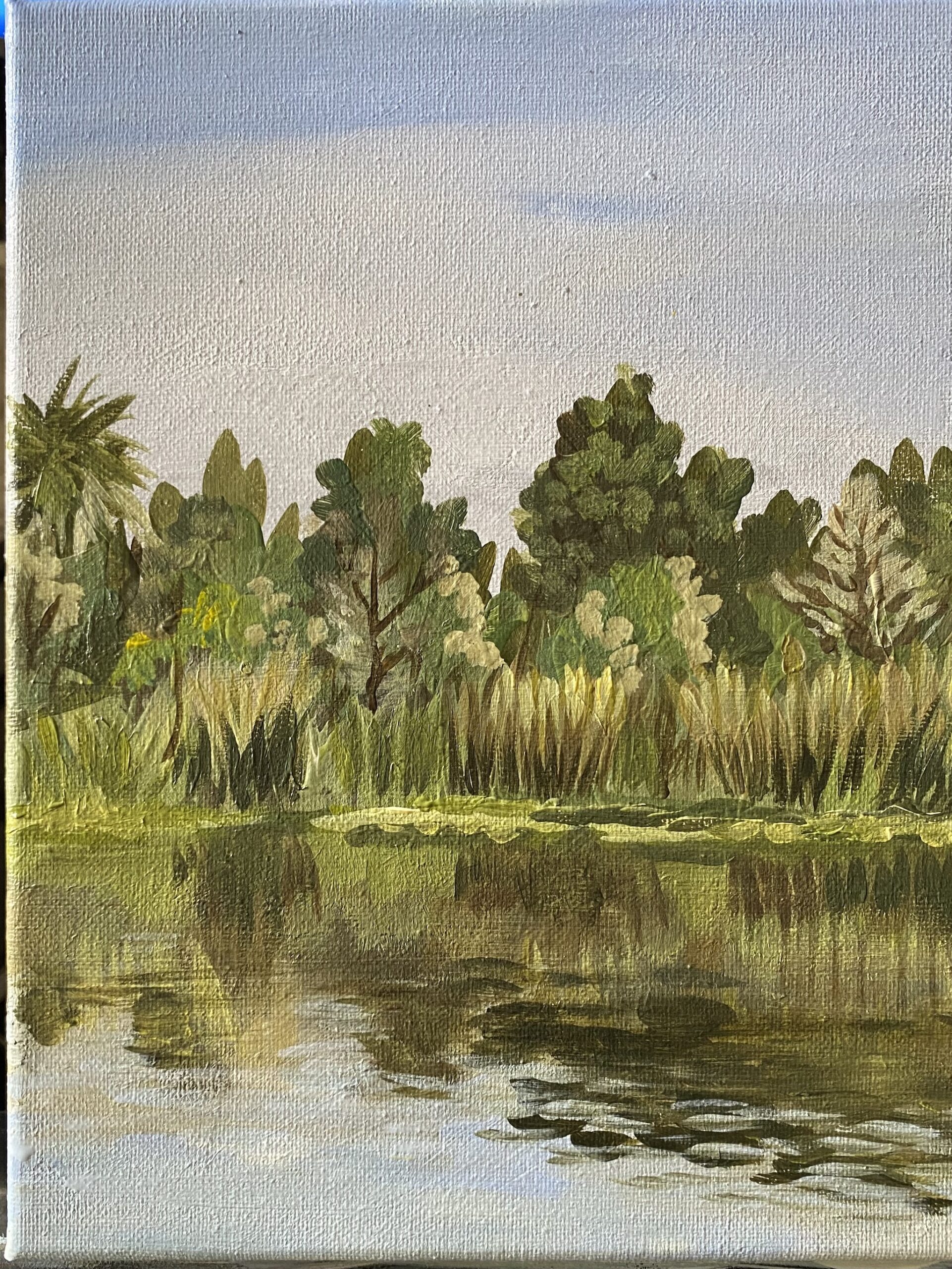 An 8"x10" acrylic painting of the first lagoon at Sweetwater Wetlands Park