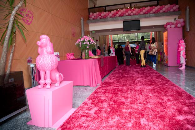 Tapete rosa , estátua de cachorro - basicamente: rosa! |Foto: Museu Encantado - via Facebook