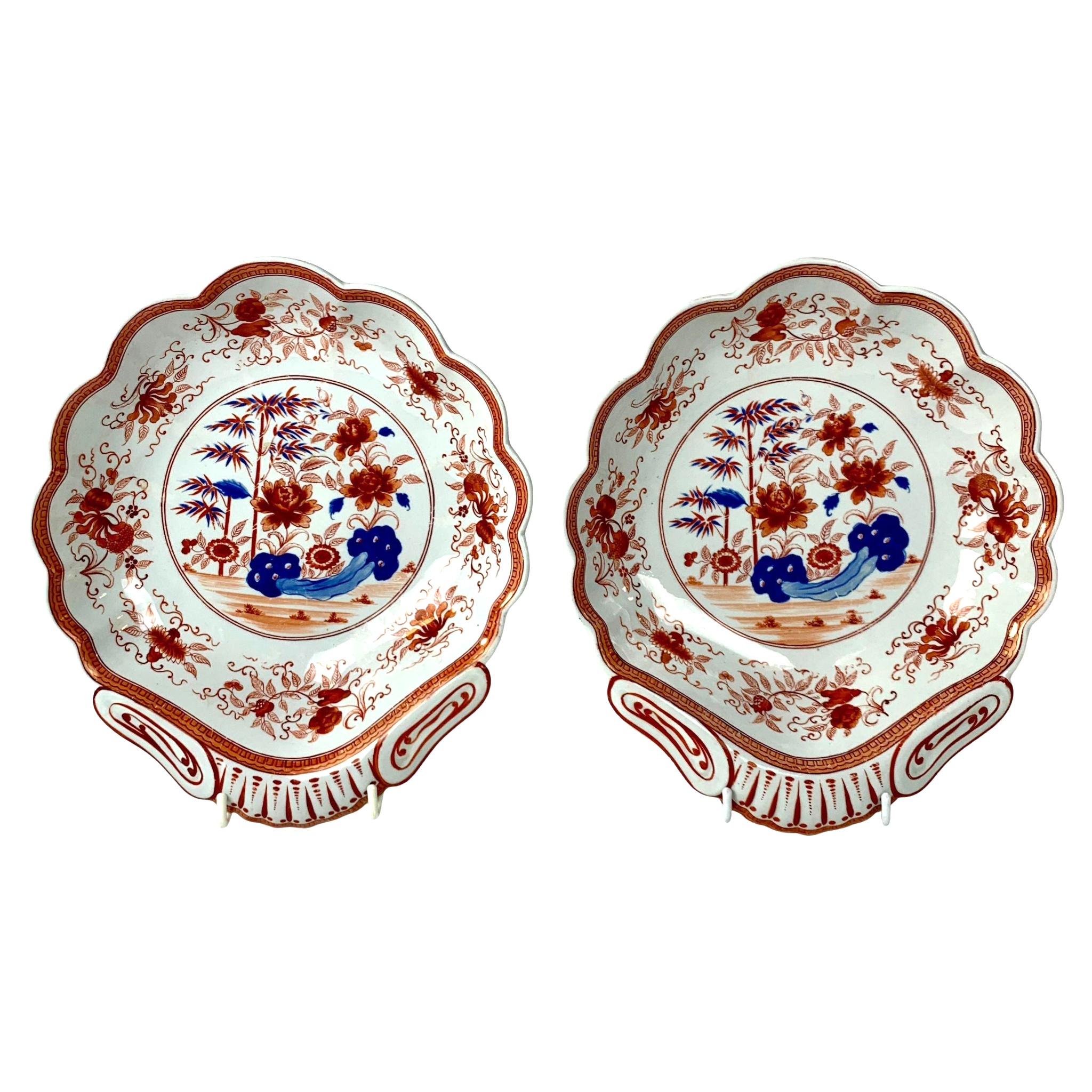 Antique Spode Shell Shaped Dishes Orange and Blue Imari Pattern England Circa 1820