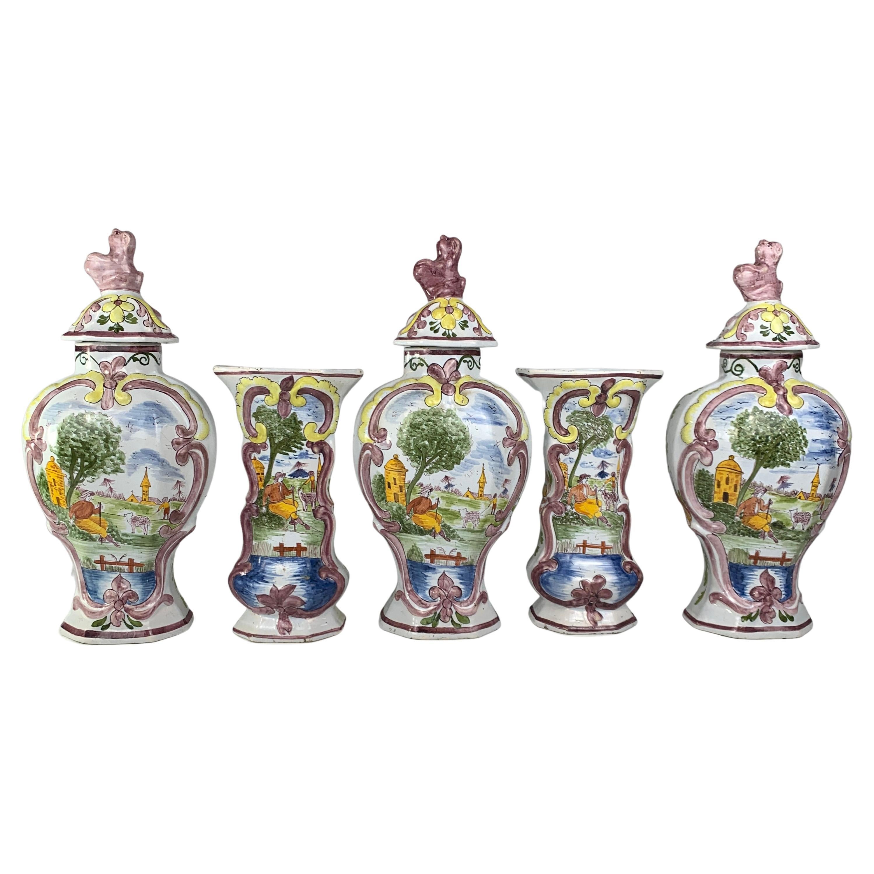 Dutch Delft Garniture Five Pieces Polychrome Made Circa 1880