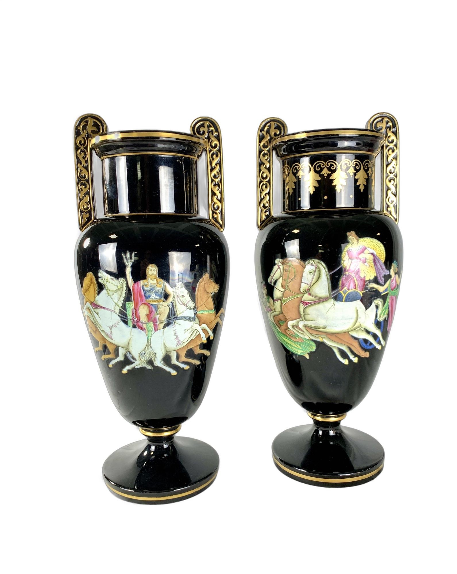 Pair Antique Staffordshire Pottery Vases Zeus & Hera with Chariots Circa 1880