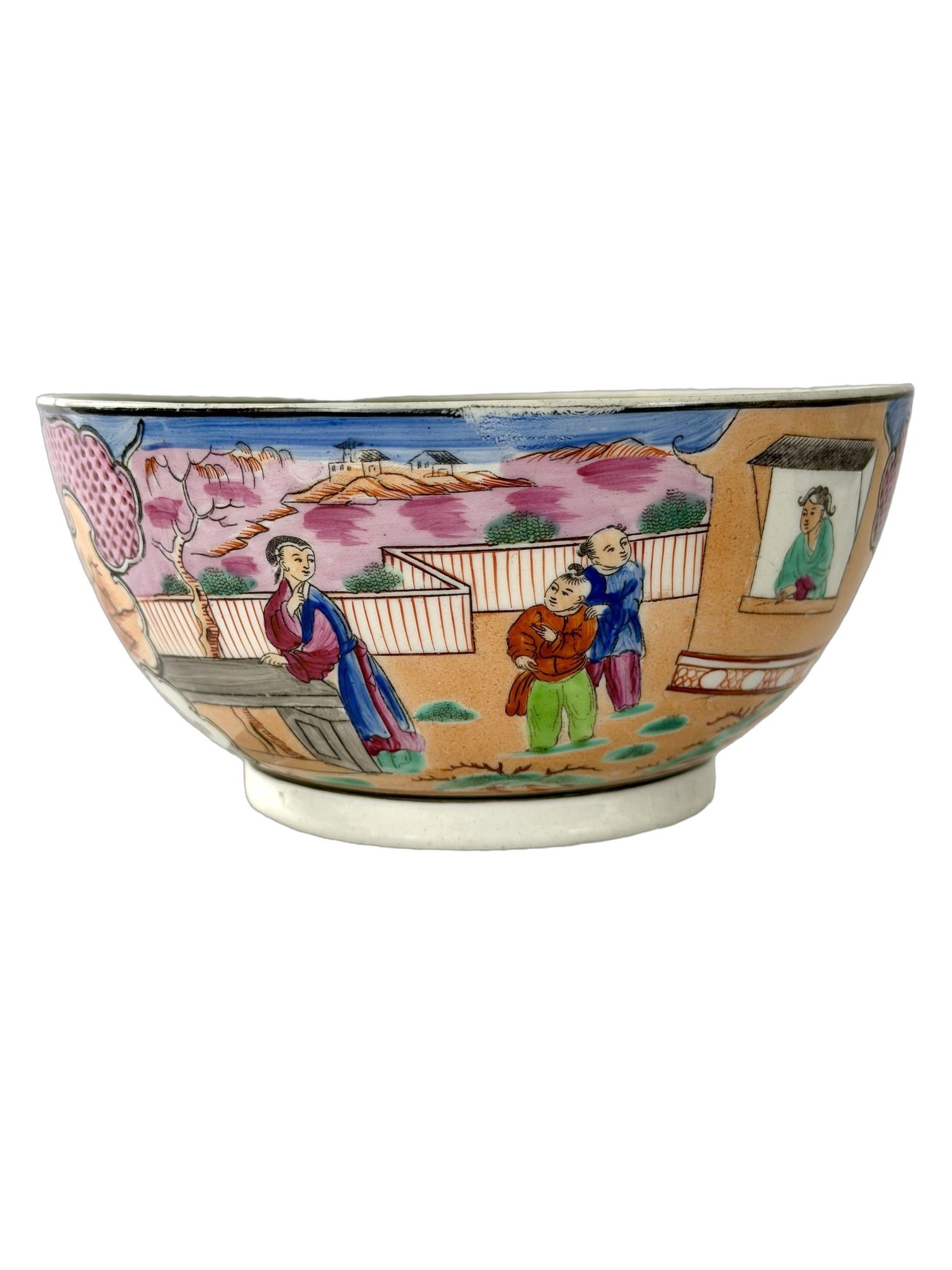 New Hall Porcelain Bowl Boy in the Window Chinoiserie Hand Painted C-1790