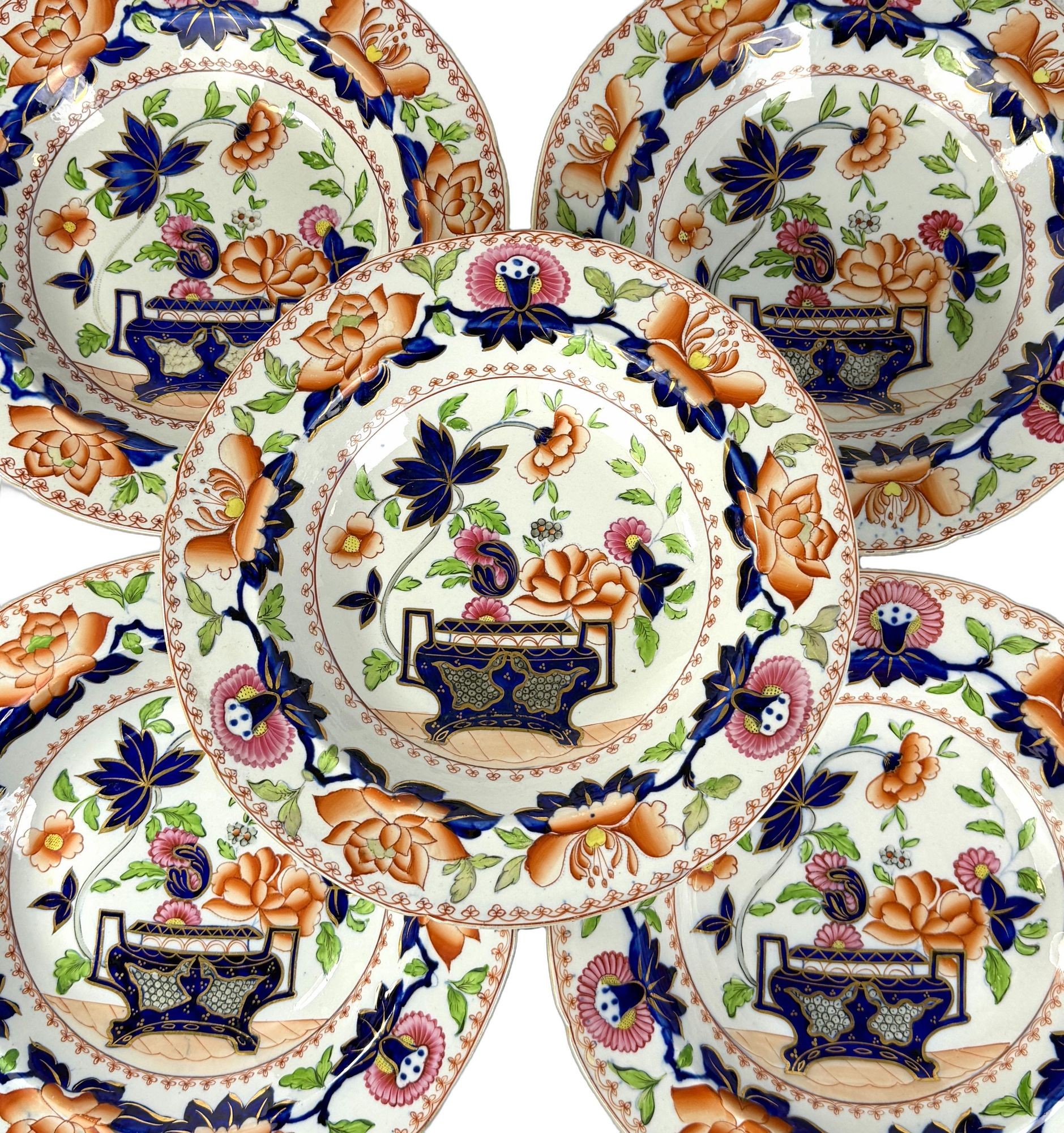 Set of Eighteen Hand Painted Ironstone Soup Plates by Hicks and Meigh c. 1820