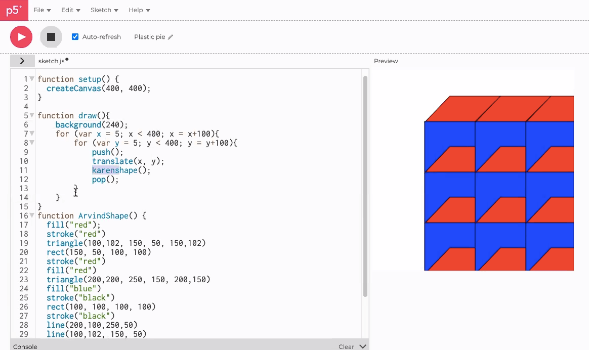 Student's work in Computer Science Class. We learned to write codes for creating shape, rotating it, and create multiple to corresponds to each today!