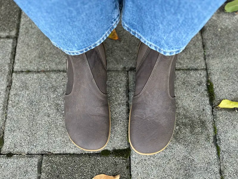 Grey suede Chelsea boots with wide toe box