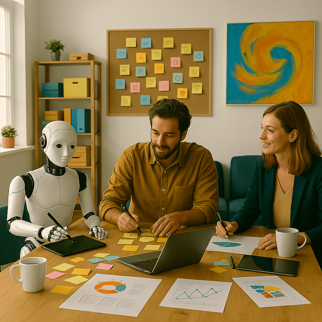רובוט ושני מנהלים סביב שולחן עם פתקיות צבעוניות ודוחות – שיתוף פעולה בין AI לבני אדם בתהליך סיעור מוחות ארגוני