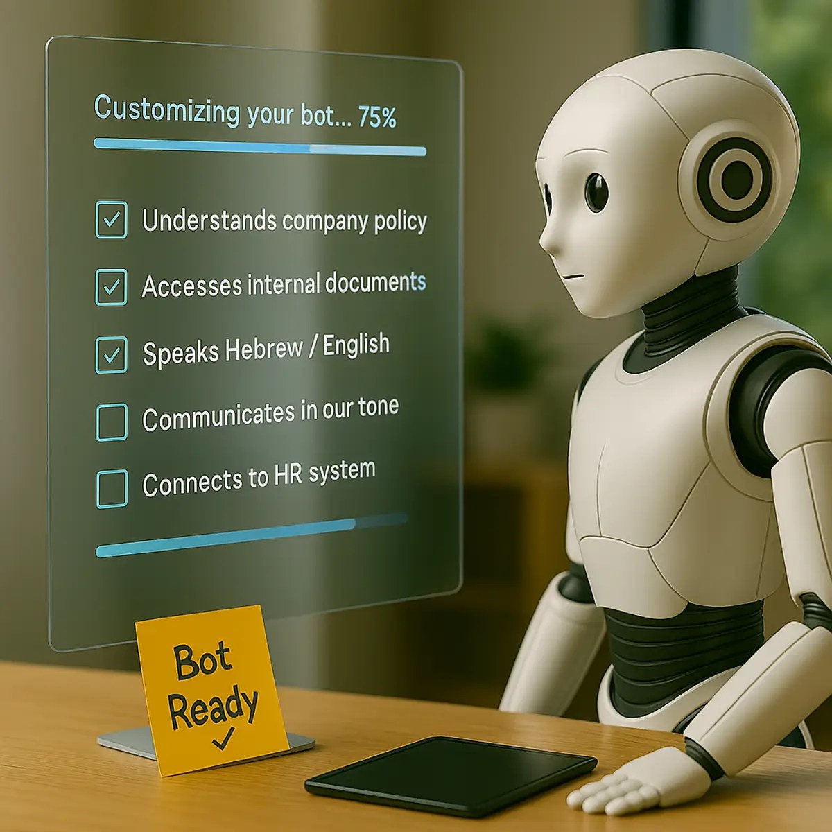 רובוט מול מסך שקוף עם סעיפים בונה את עצמו מול ממשק התאמה אישית – בוט ארגוני בתהליך קונפיגורציה לפי מדיניות הארגון