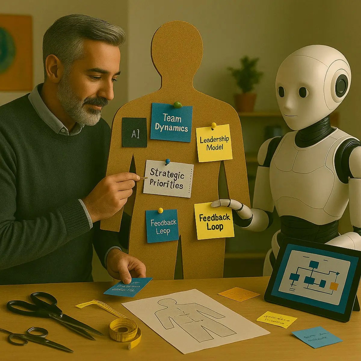 האווטר של שגיב ברששת עם רובוט מול דמות מקרטון עליה נועצים עקרונות שונים- להמחשת תהליך ההתאמה לארגון