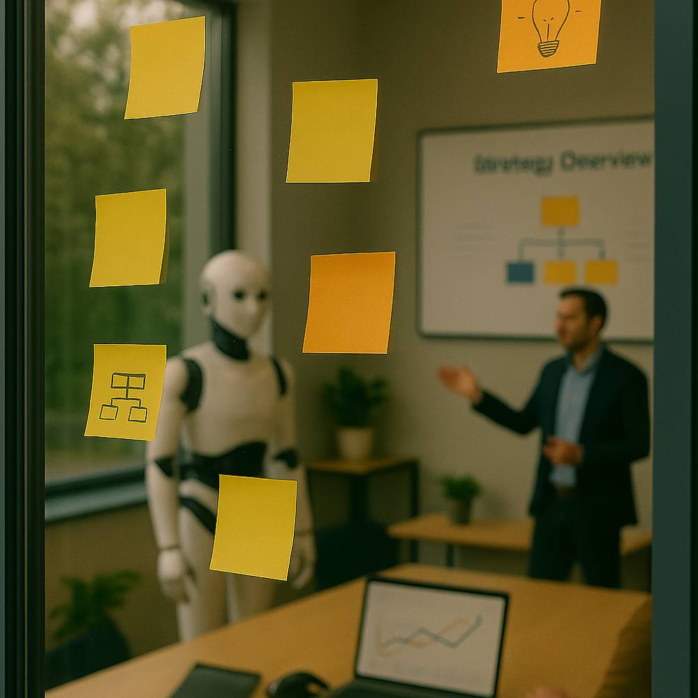 מבט מבחוץ אל חדר ישיבות עם רובוט ומנחה מציג מול לוח – תכנון אסטרטגי עם פתקיות חזותיות